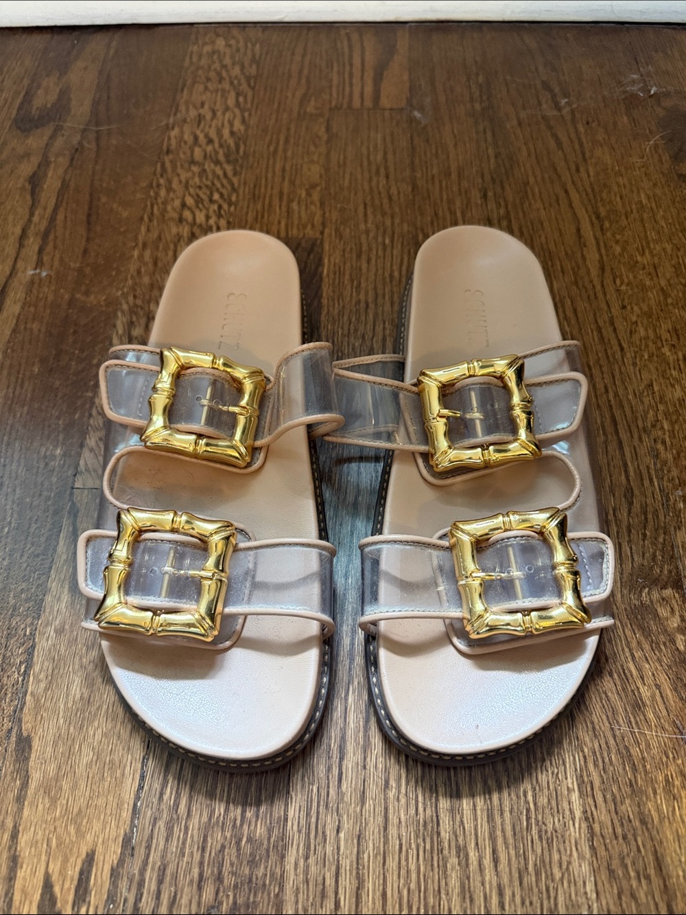 Schutz Gold Buckle Clear Strap Slide Sandals - Nude